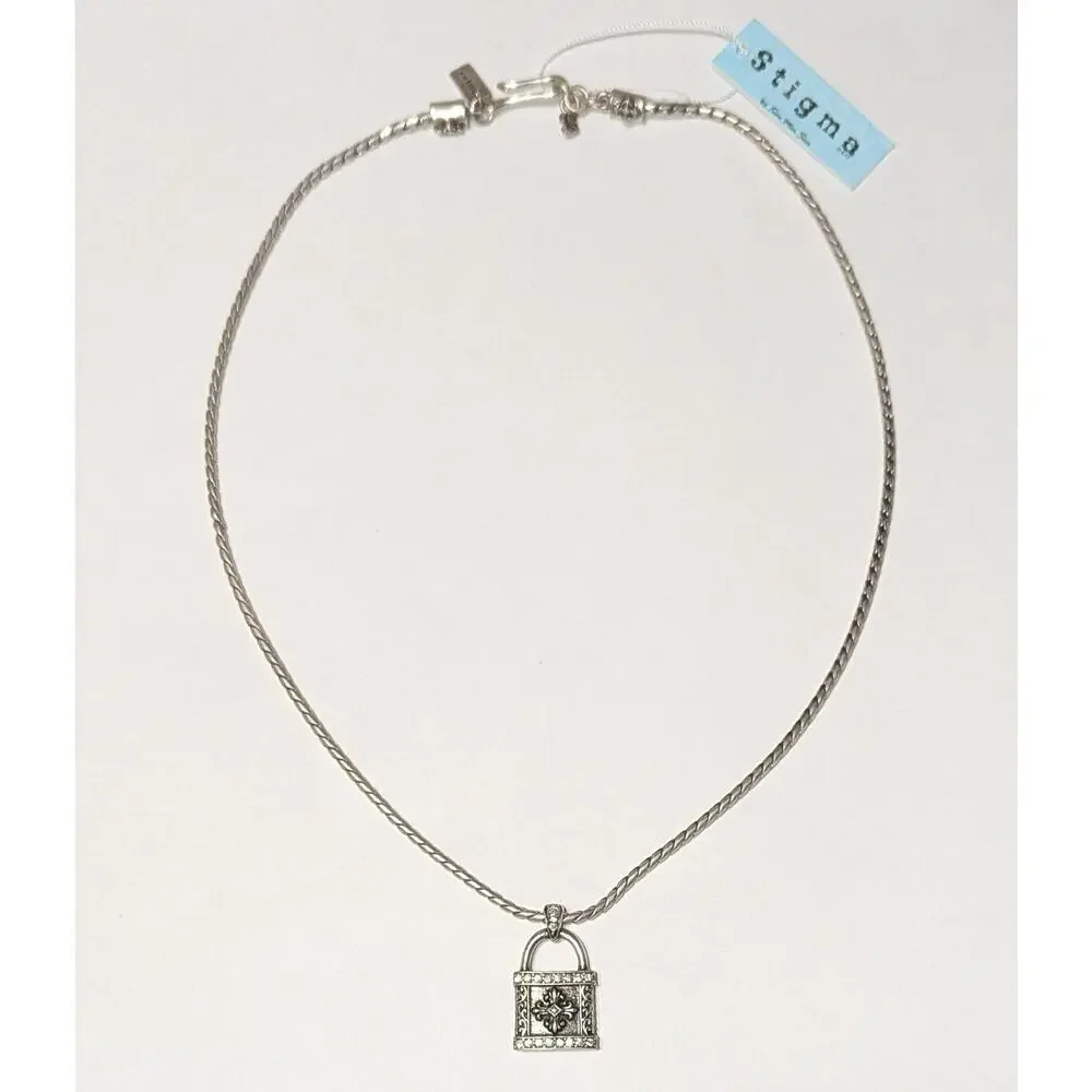 Stigma Padlock Pendant Necklace Silver Tone Rope Chain Rhinestone Gothic